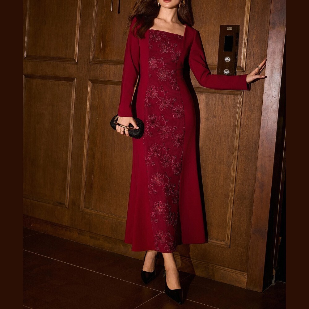 Burgundy Floral Sequin Panel Square Neck Long Sleeve Midi Dress